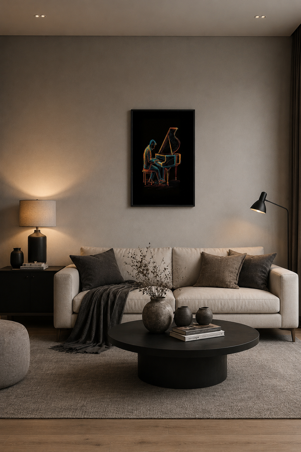 Minimalist living room with a beige sofa, black coffee table, and framed pianist artwork on the wall.