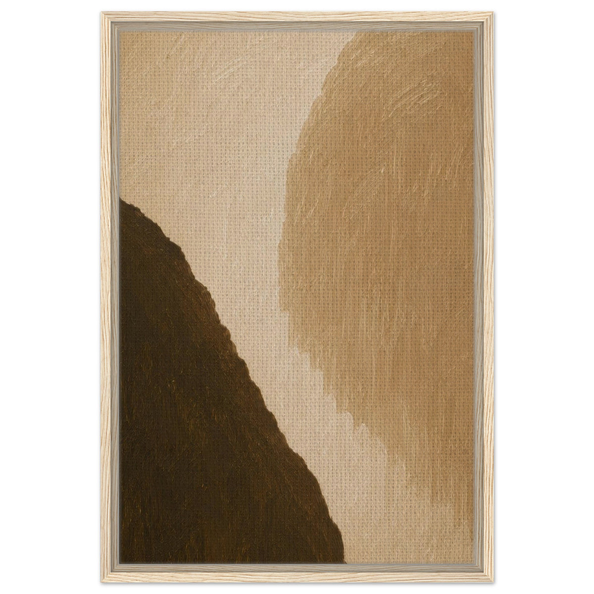 Minimalist tan and dark brown abstract art with a natural wood frame
