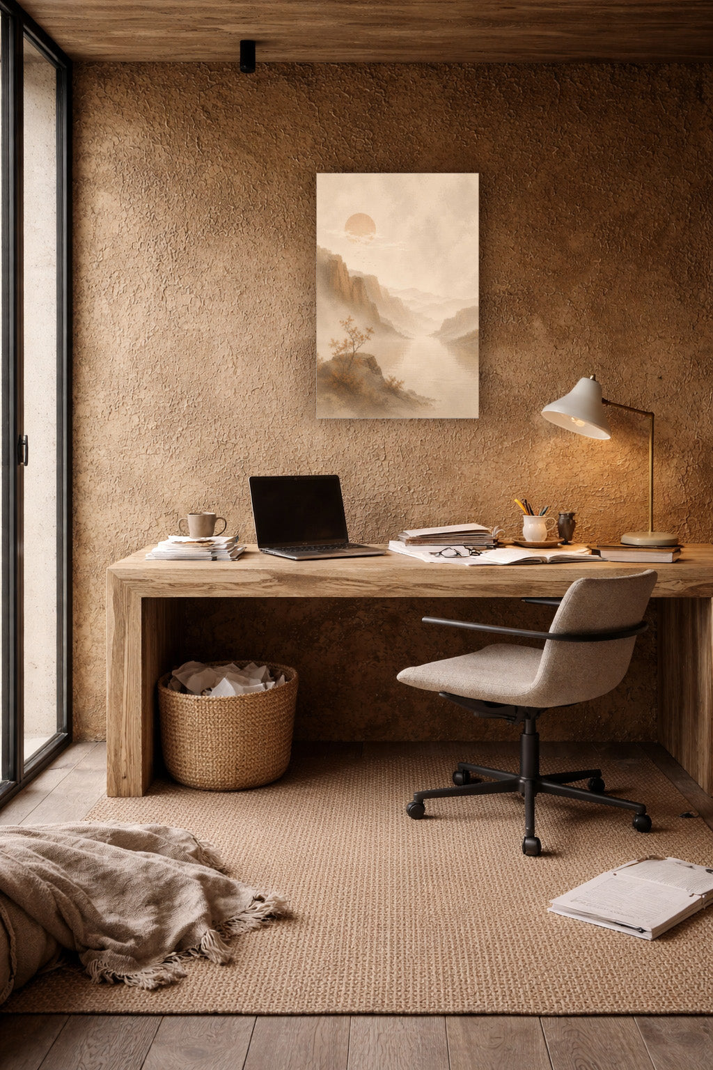 Japanese-inspired beige wall art displayed in a cozy home office with natural textures and warm lighting.