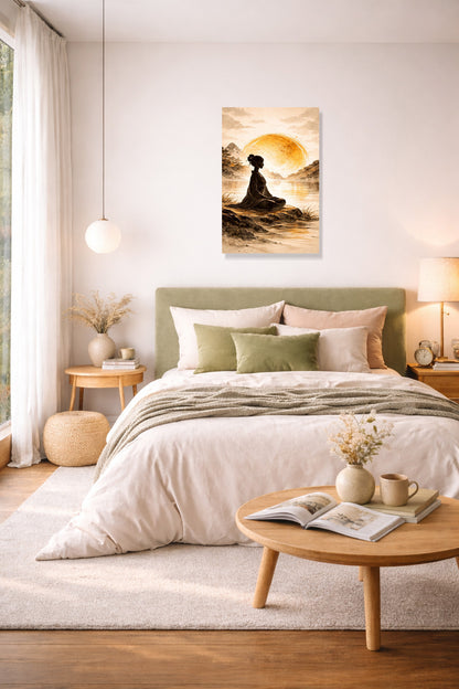 Minimalist wall art poster above bed in modern bedroom interior with soft neutral colors