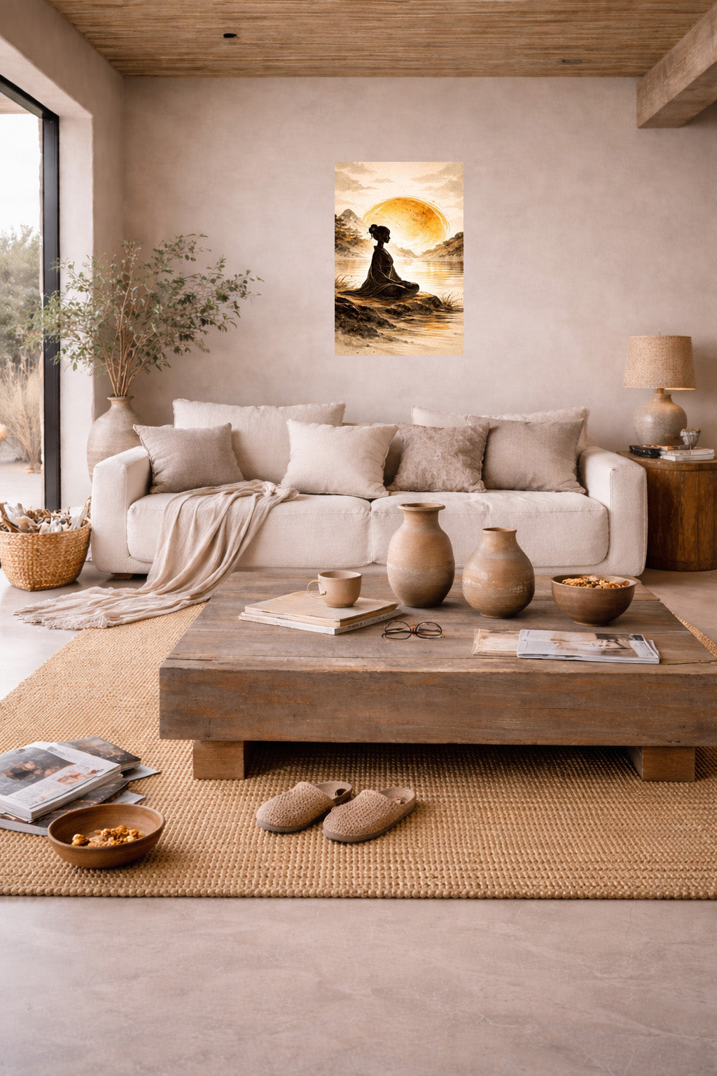 Minimalist zen wall art poster displayed in modern living room interior with neutral tones