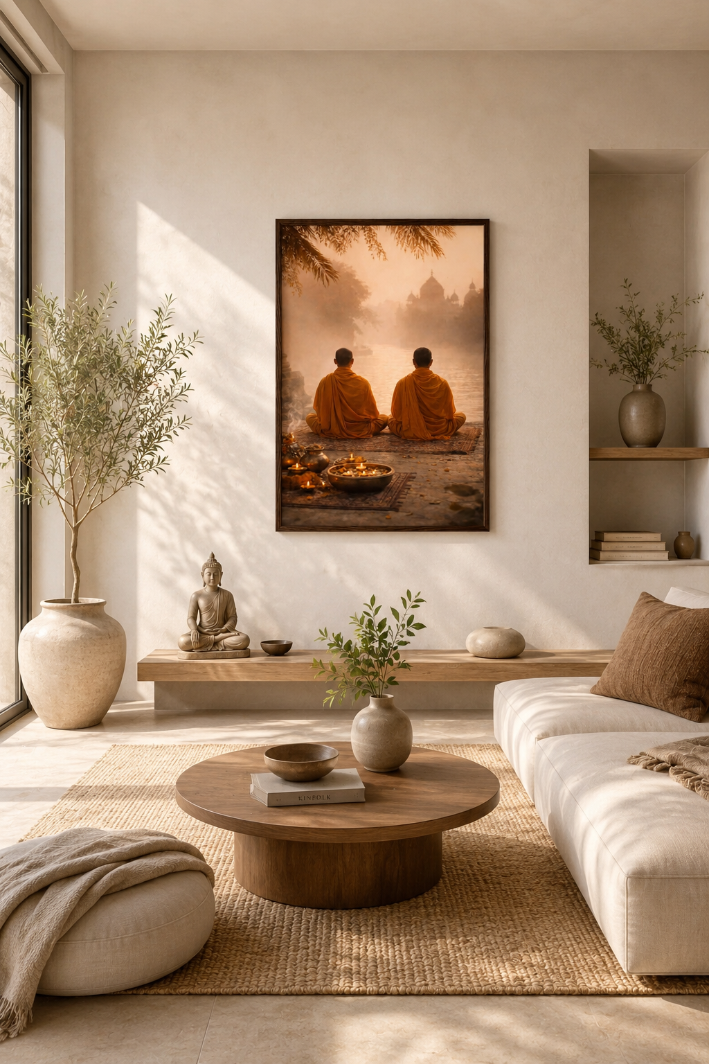 Minimalist zen living room with monk meditation poster in a light wood frame displayed above a wooden bench in a warm neutral interior.