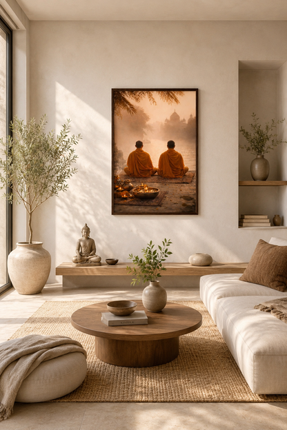Minimalist zen living room with monk meditation poster in a light wood frame displayed above a wooden bench in a warm neutral interior.