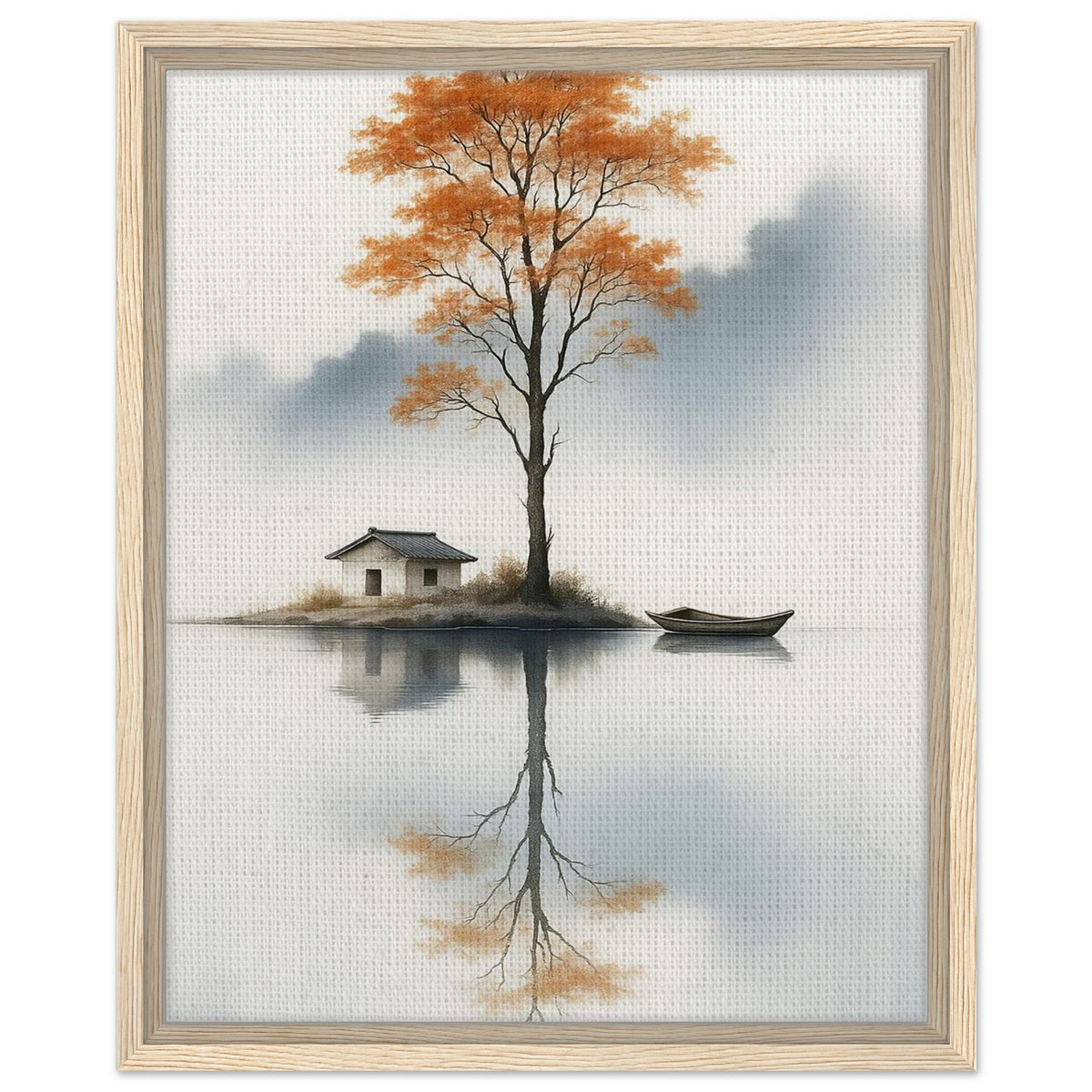 Misty autumn landscape with orange tree and calm water reflection in black frame