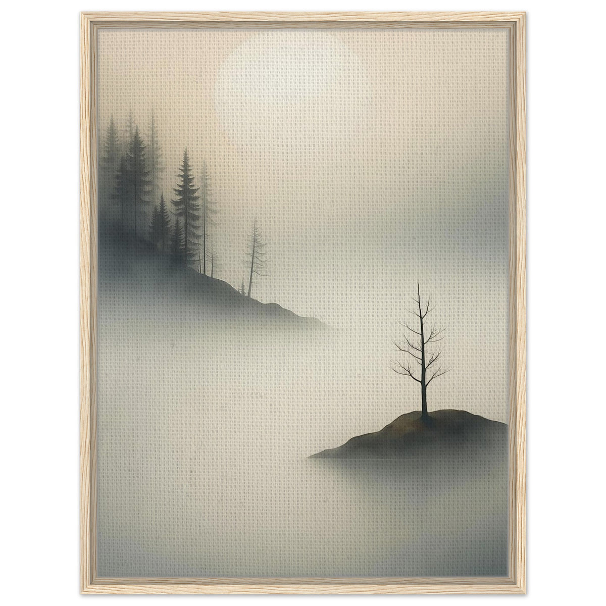 Misty forest landscape with a lone tree surrounded by calm water and soft neutral tones