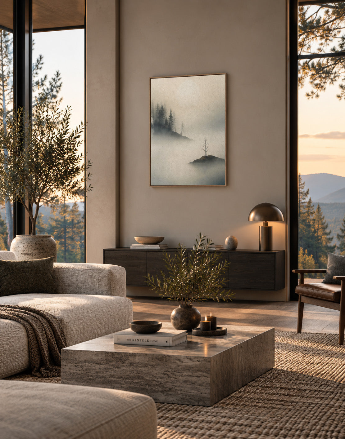 Misty forest wall art displayed in a warm minimalist living room