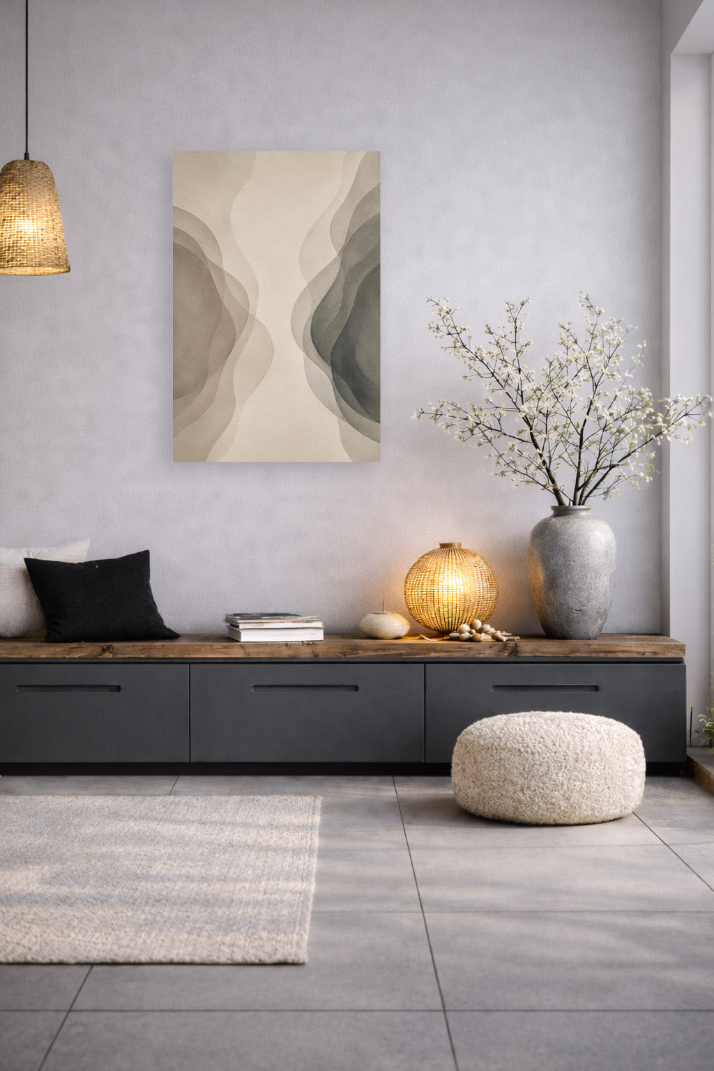 Neutral abstract canvas displayed in a sophisticated modern living room with ambient lighting.