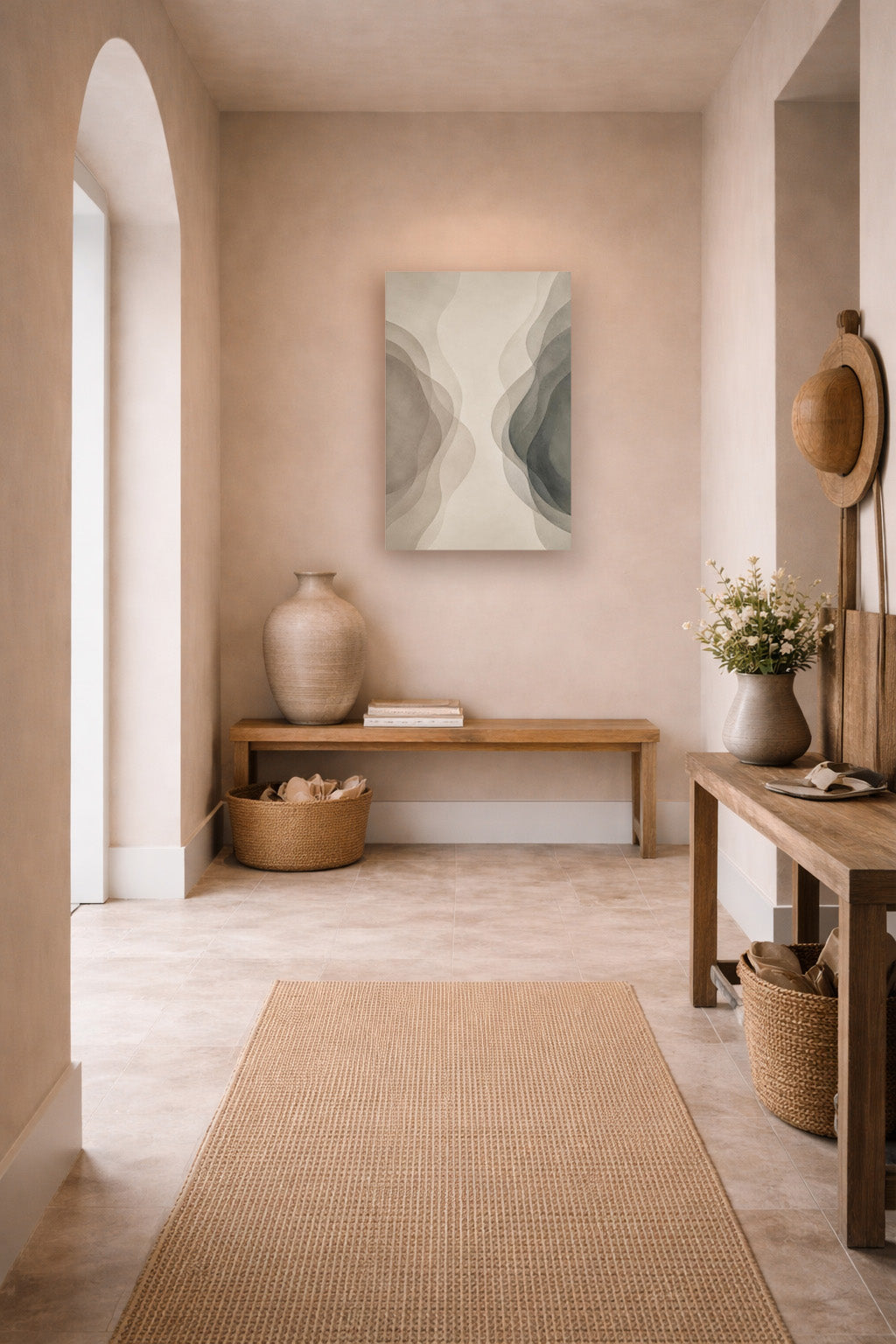Neutral abstract canvas decorating a modern hallway with beige walls and Scandinavian-inspired decor.