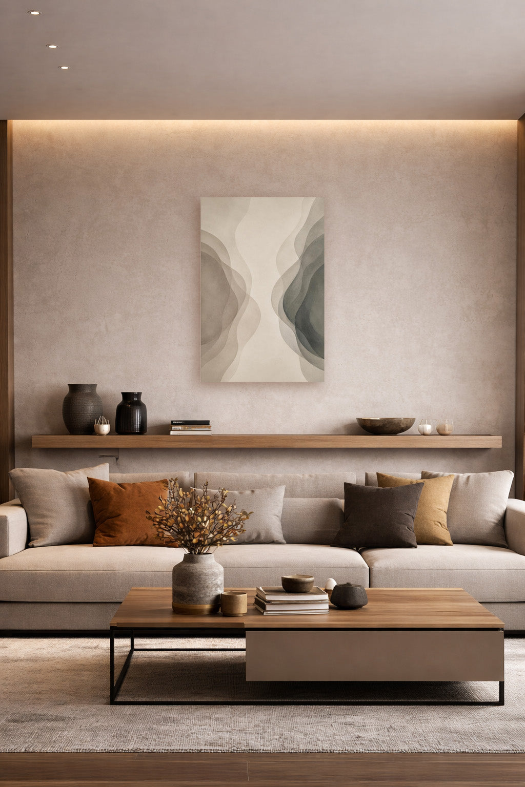 Minimalist neutral canvas wall art above a sofa in a warm contemporary living room interior.