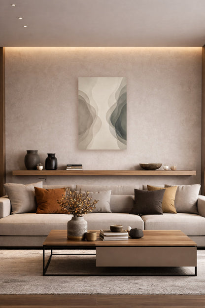 Minimalist neutral canvas wall art above a sofa in a warm contemporary living room interior.