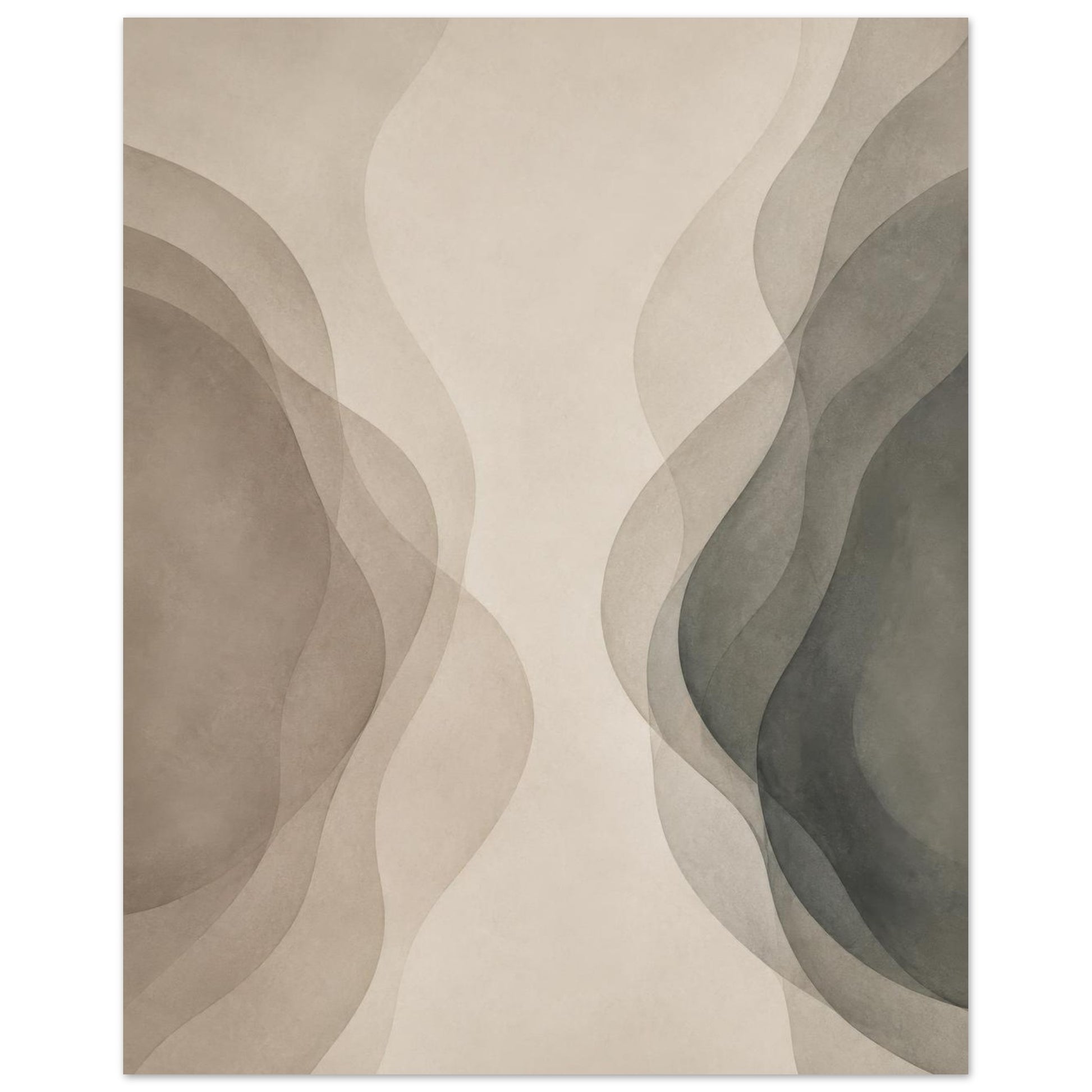 Modern neutral abstract canvas wall art with flowing wave-inspired forms and soft earthy colors.