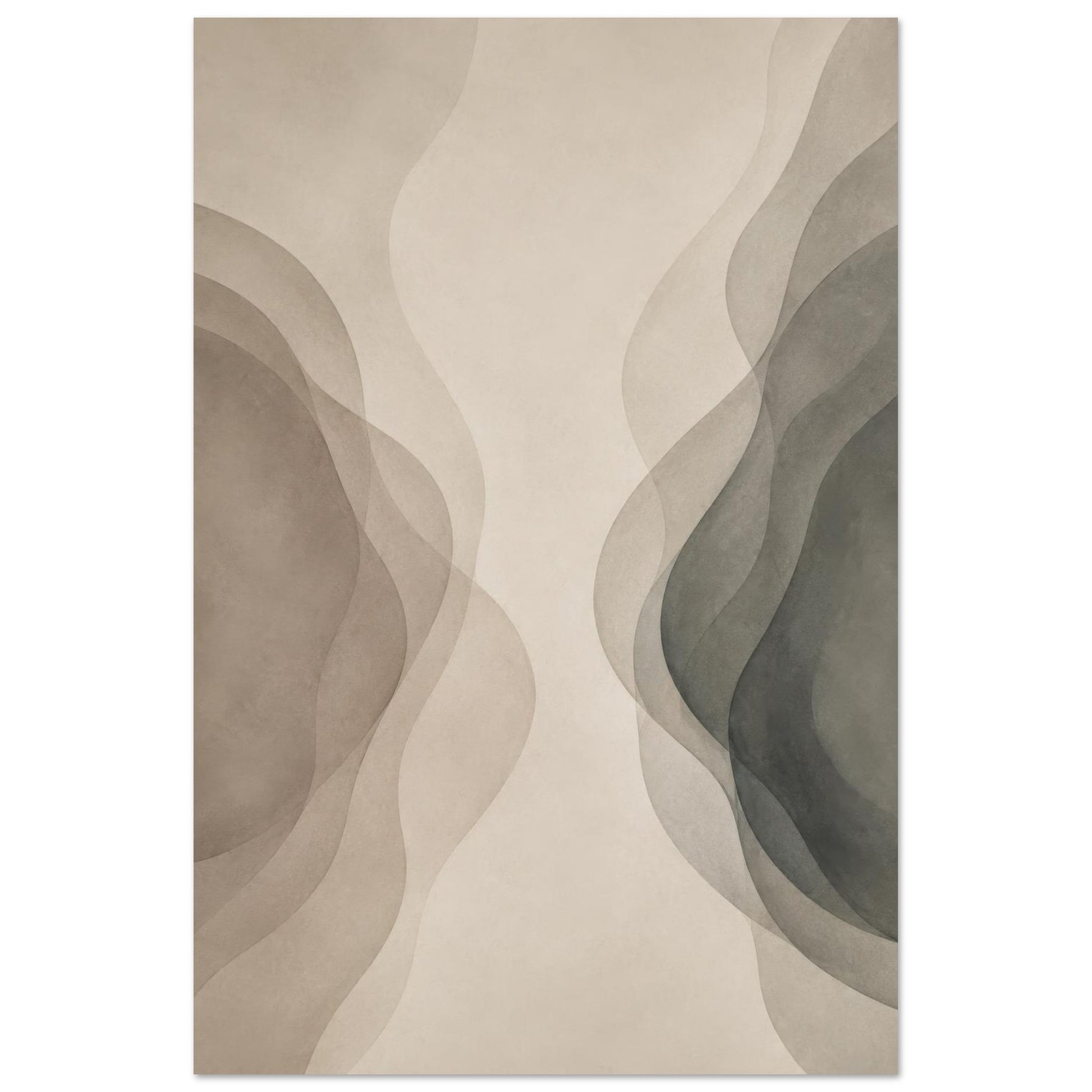 Neutral abstract canvas wall art featuring flowing beige, taupe and charcoal shapes on a minimalist background.