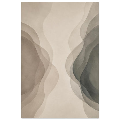 Neutral abstract canvas wall art featuring flowing beige, taupe and charcoal shapes on a minimalist background.