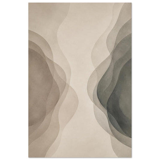 Neutral abstract canvas wall art featuring flowing beige, taupe and charcoal shapes on a minimalist background.