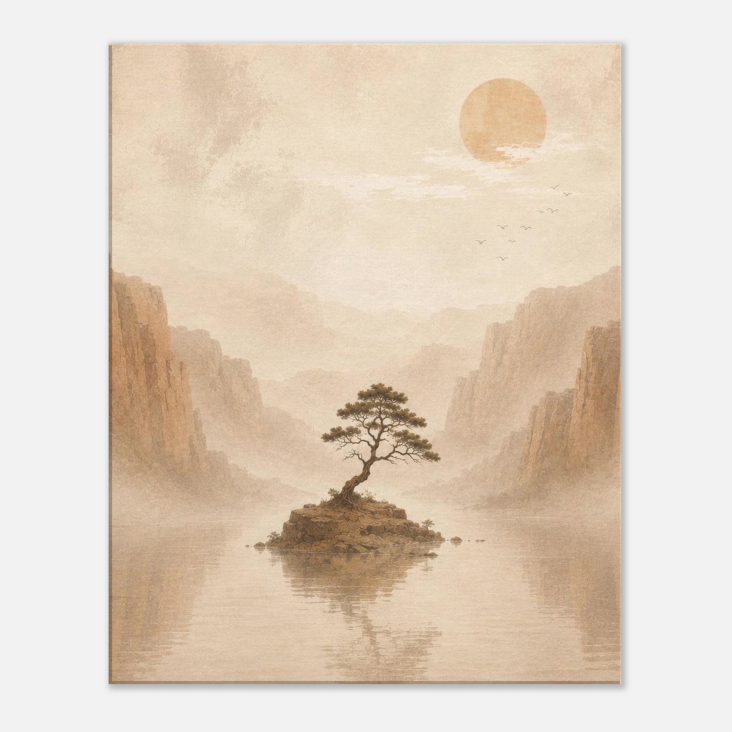 Minimalist landscape canvas featuring a solitary tree on a rocky island surrounded by calm water and warm beige tones.