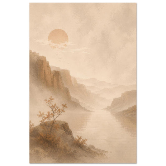 Japanese-inspired landscape poster featuring misty mountains, calm water and warm beige tones.