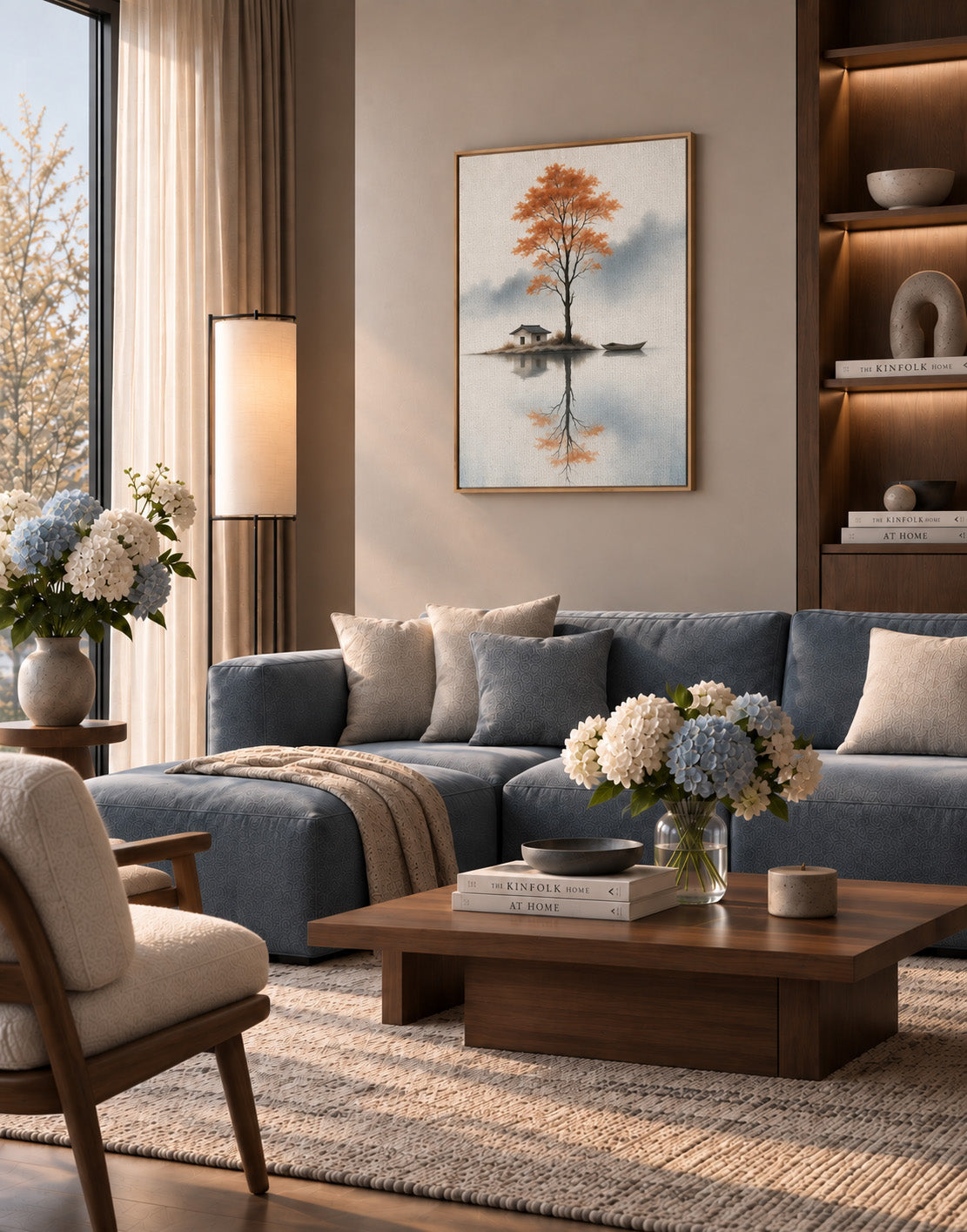 Misty lake artwork with orange tree and reflection displayed in a contemporary living room