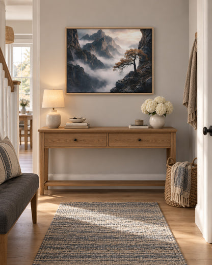 Misty mountain landscape artwork displayed above a console in a modern entryway
