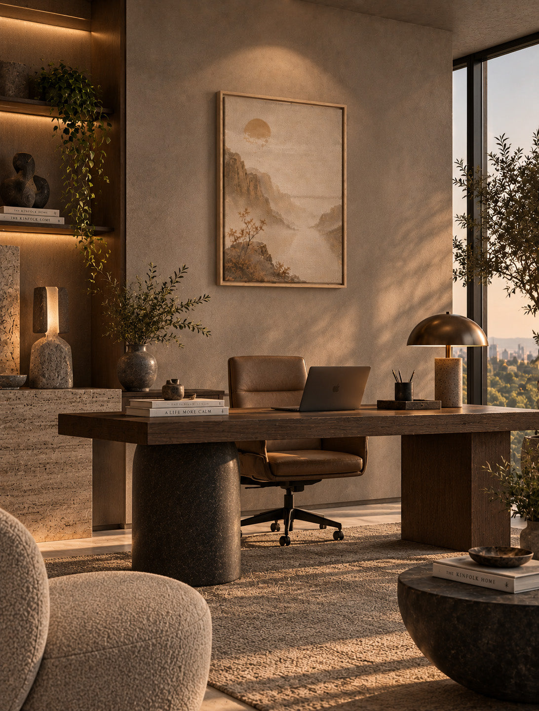 Misty mountain artwork styled in a sophisticated warm neutral home office