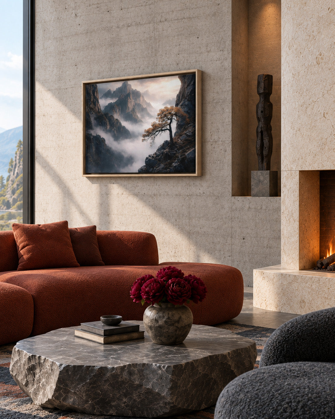 Misty mountain and pine tree artwork displayed in a contemporary living room