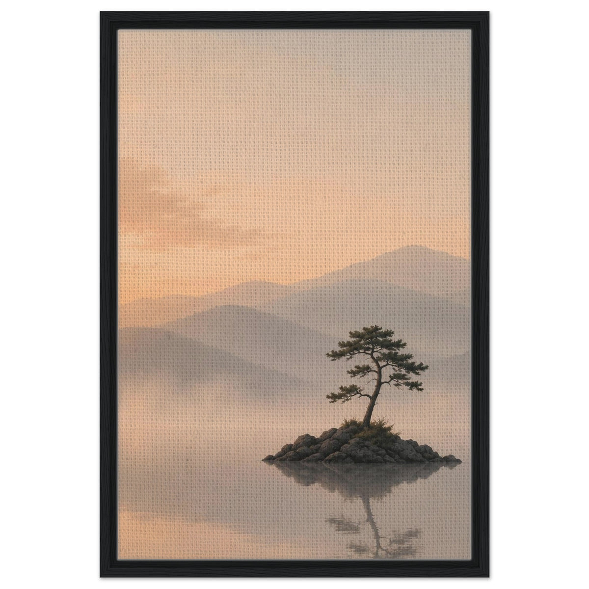 Misty mountain landscape with lone pine tree on a rocky island in natural wood frame