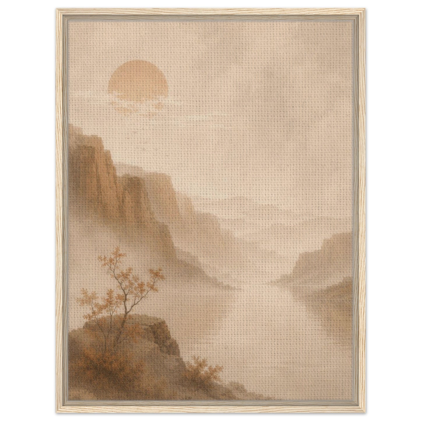 Misty mountain landscape wall art with warm beige tones and a soft rising sun