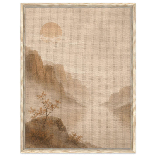 Misty mountain landscape wall art with warm beige tones and a soft rising sun
