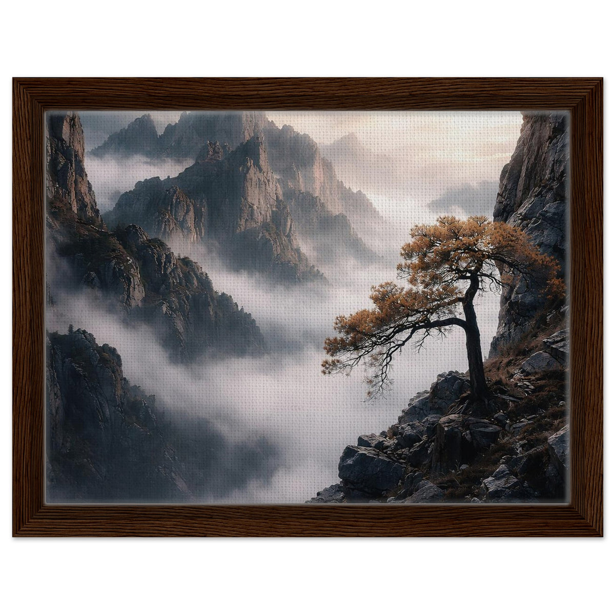 Misty mountain landscape with lone pine tree and rocky cliffs in a dark wood frame