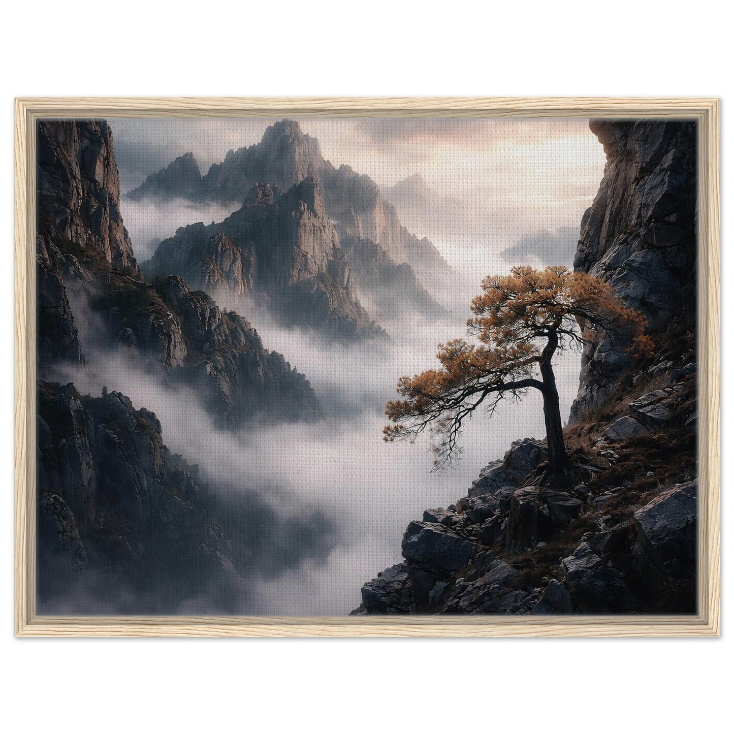 Misty mountain landscape with a lone pine tree on a rocky cliff
