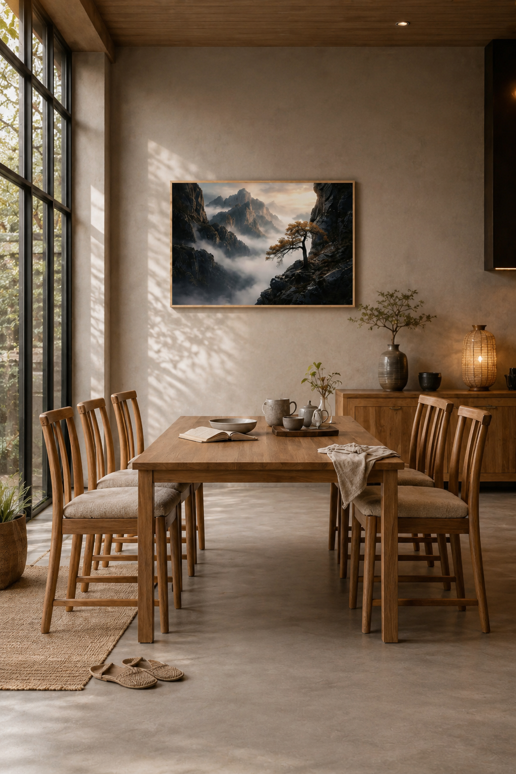 Misty mountain wall art mockup displayed in a warm minimalist dining room with wooden furniture and neutral Japandi interior