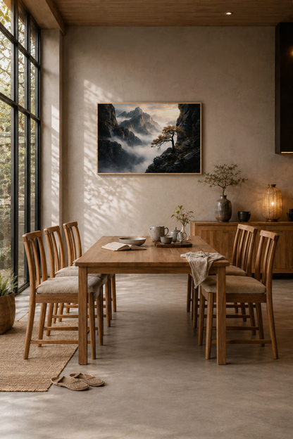 Above The Mist framed wall art in a warm minimalist dining room with wooden furniture