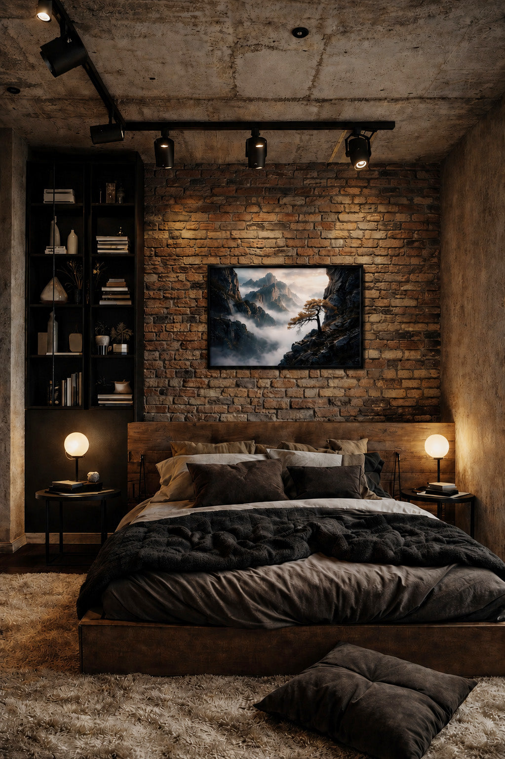 Misty mountain landscape wall art with black frame displayed above bed in industrial style bedroom interior