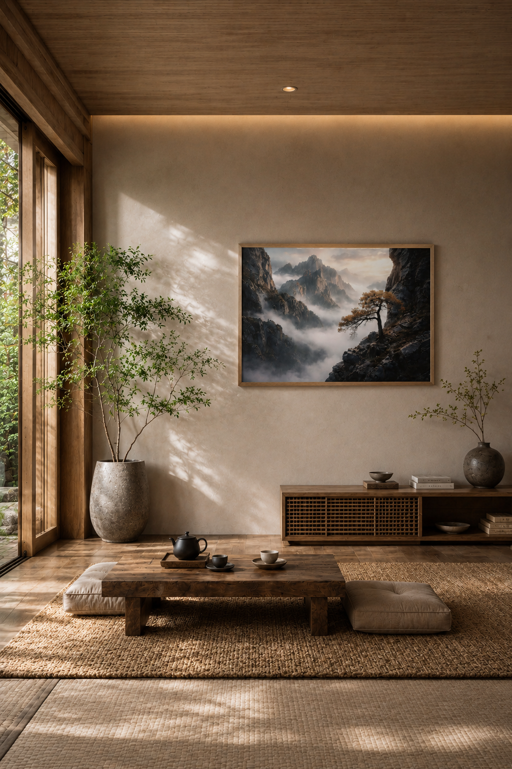 Misty mountain landscape wall art mockup in a Japandi living room with natural wood furniture and soft neutral decor