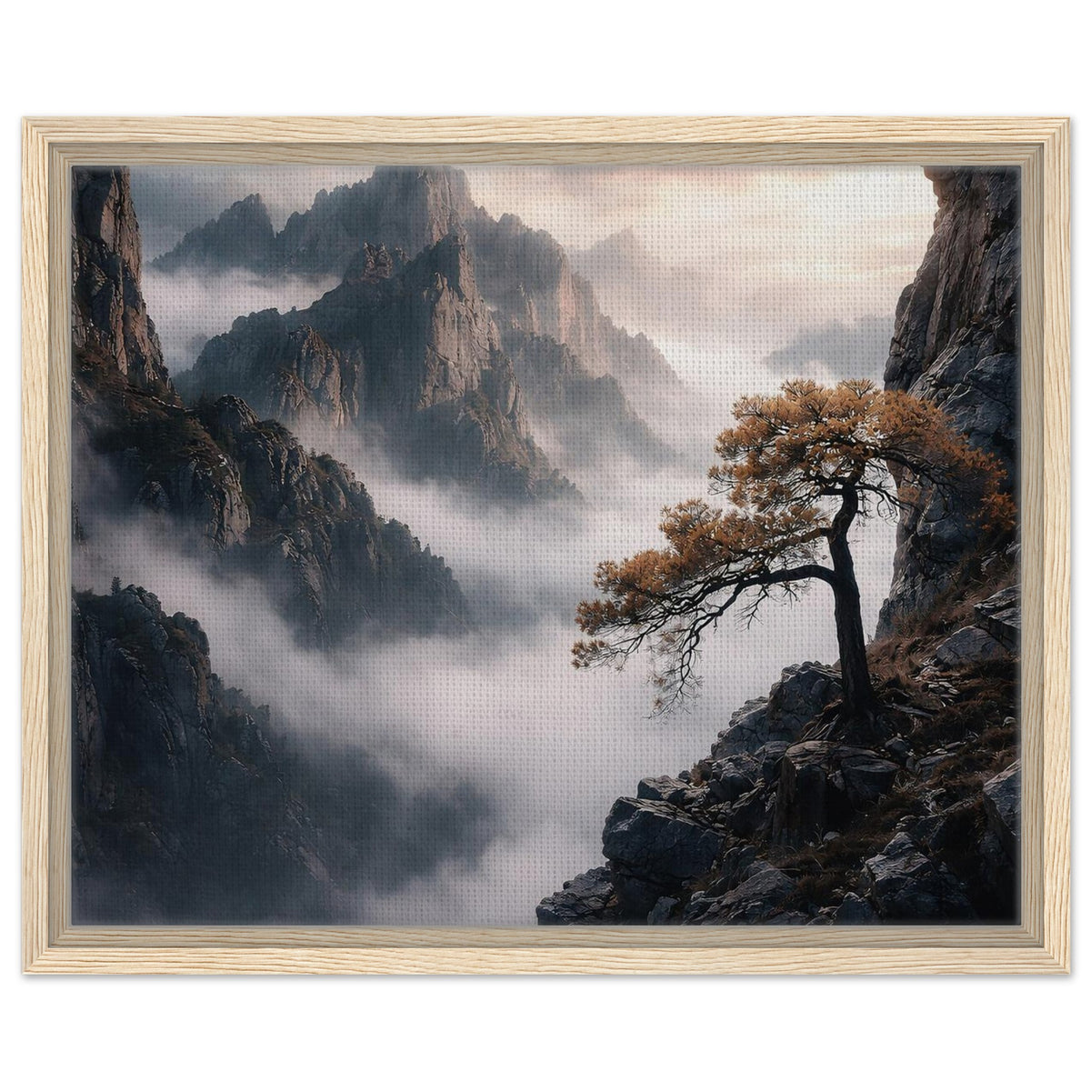 Misty pine tree on a rocky mountain cliff in a natural wood frame