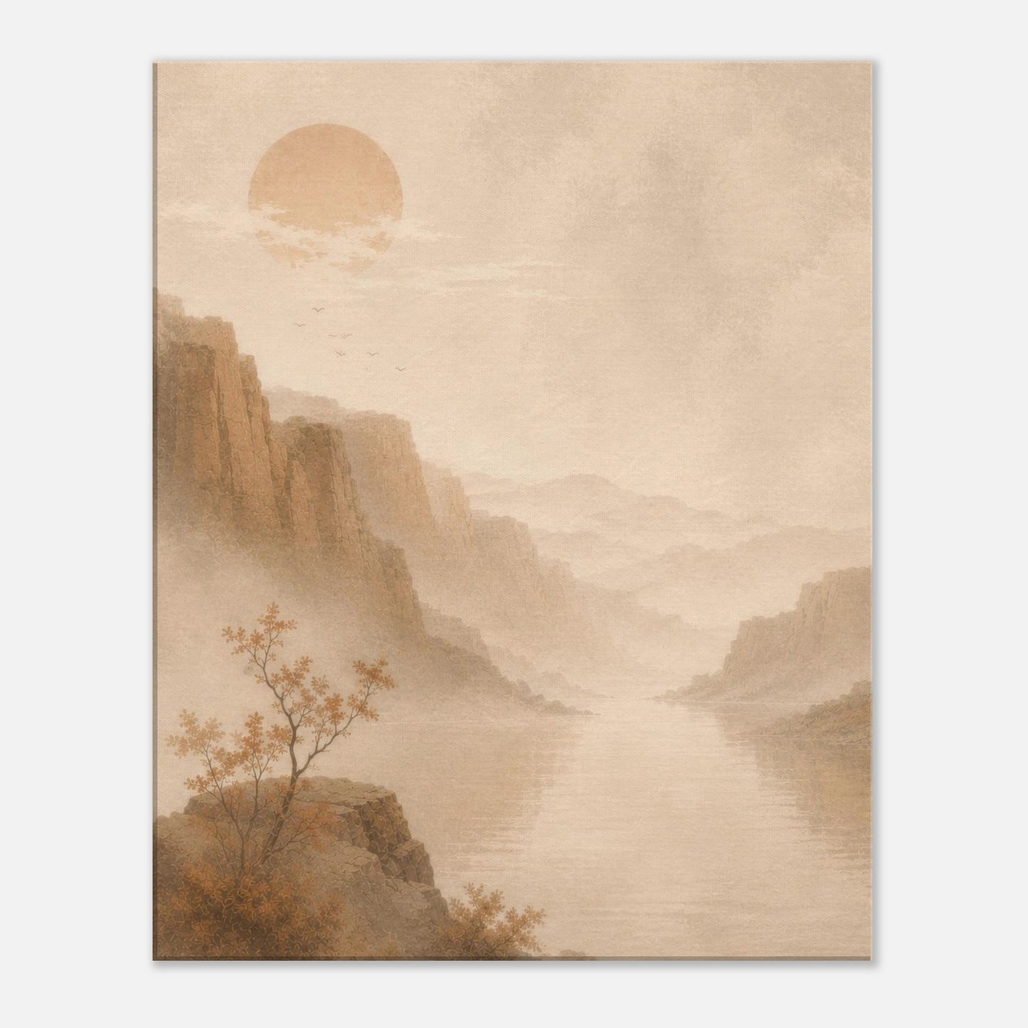 Minimalist landscape canvas featuring misty mountains, a calm river and soft beige tones.