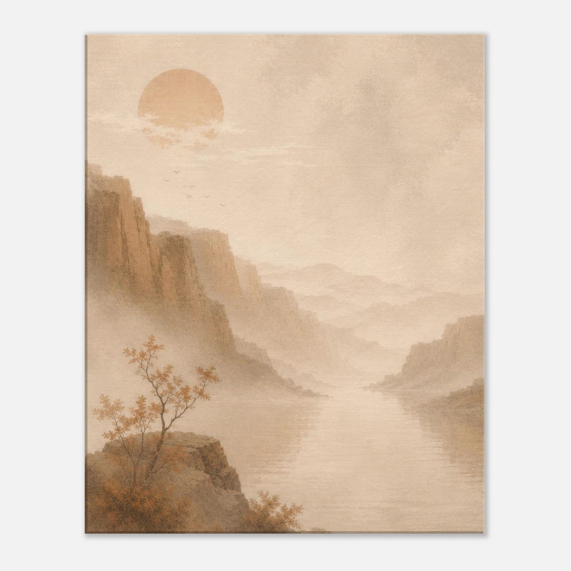 Minimalist landscape canvas featuring misty mountains, a calm river and soft beige tones.