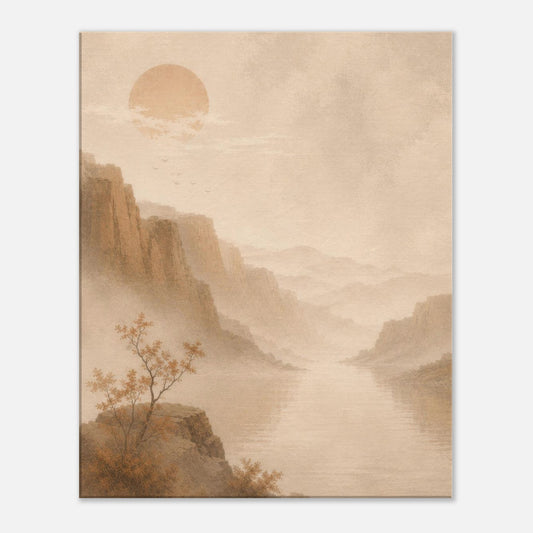 Minimalist landscape canvas featuring misty mountains, a calm river and soft beige tones.