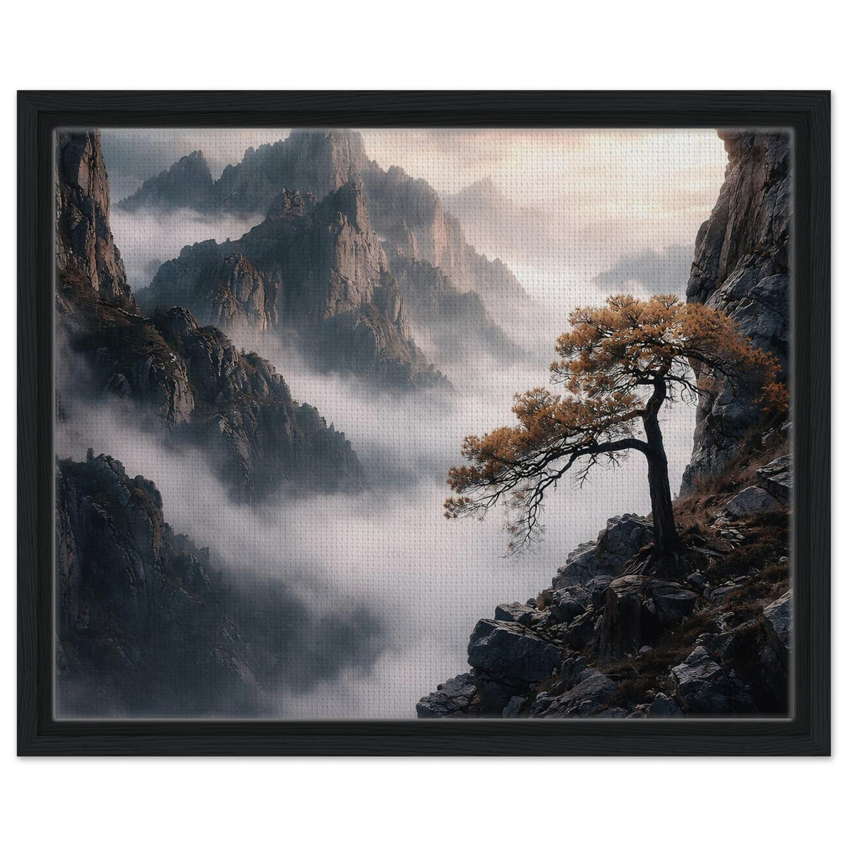 Misty rocky mountain landscape with atmospheric clouds and pine tree in a black frame