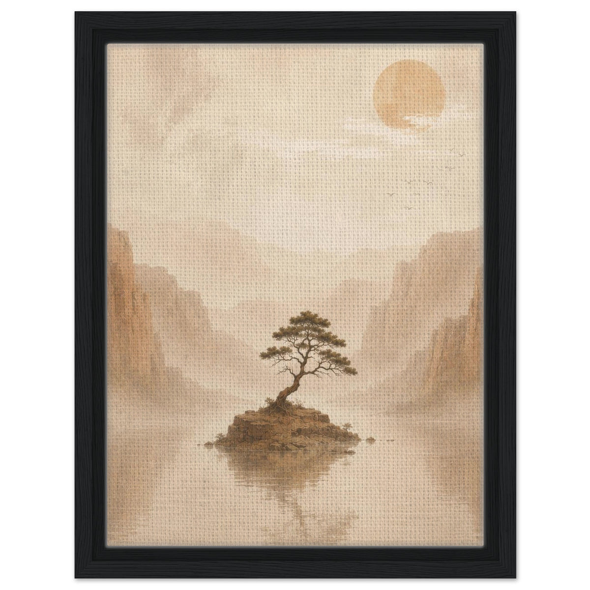 Misty landscape artwork with solitary tree and warm sun in a black frame