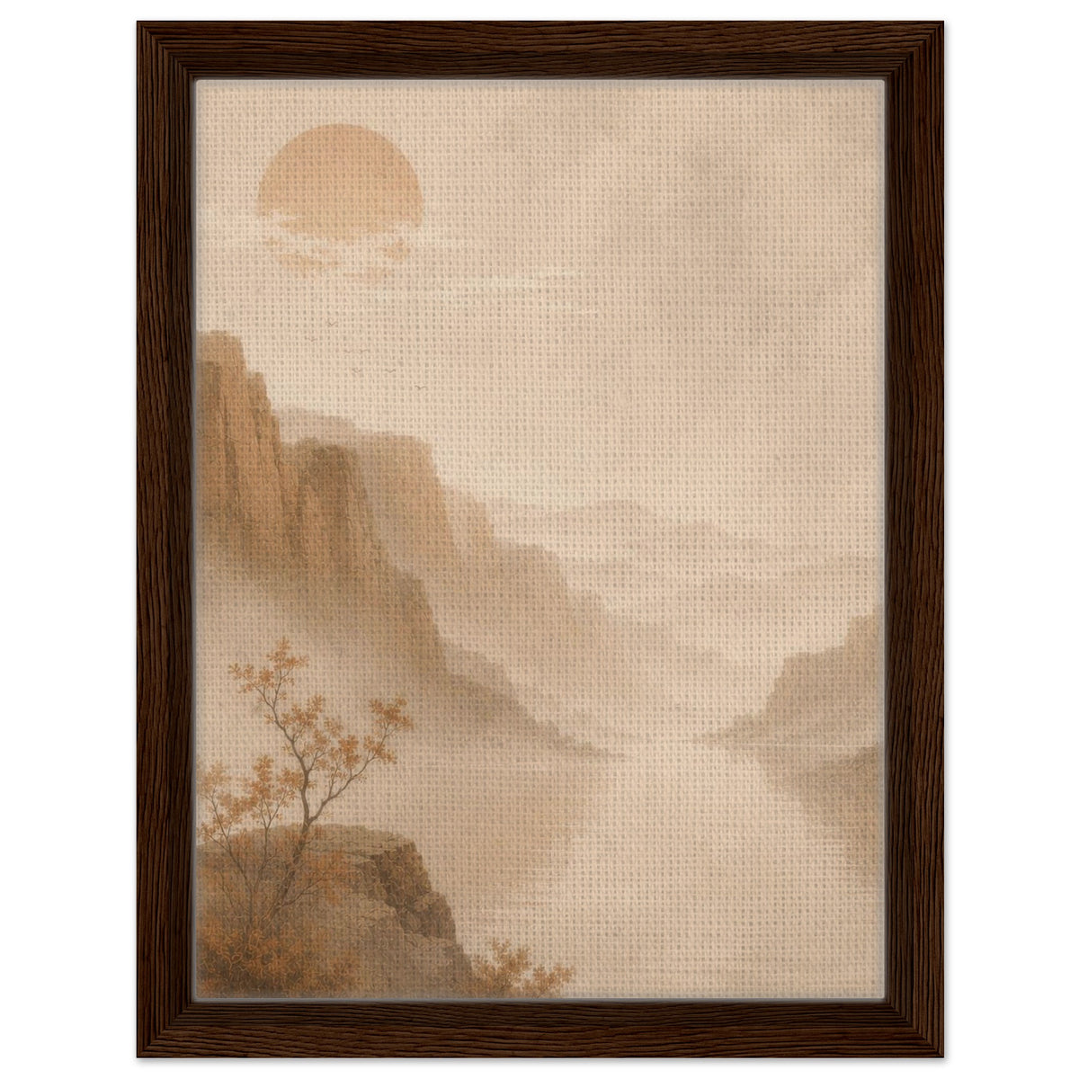 Misty valley landscape art with warm neutral mountains and soft sun in dark wood frame
