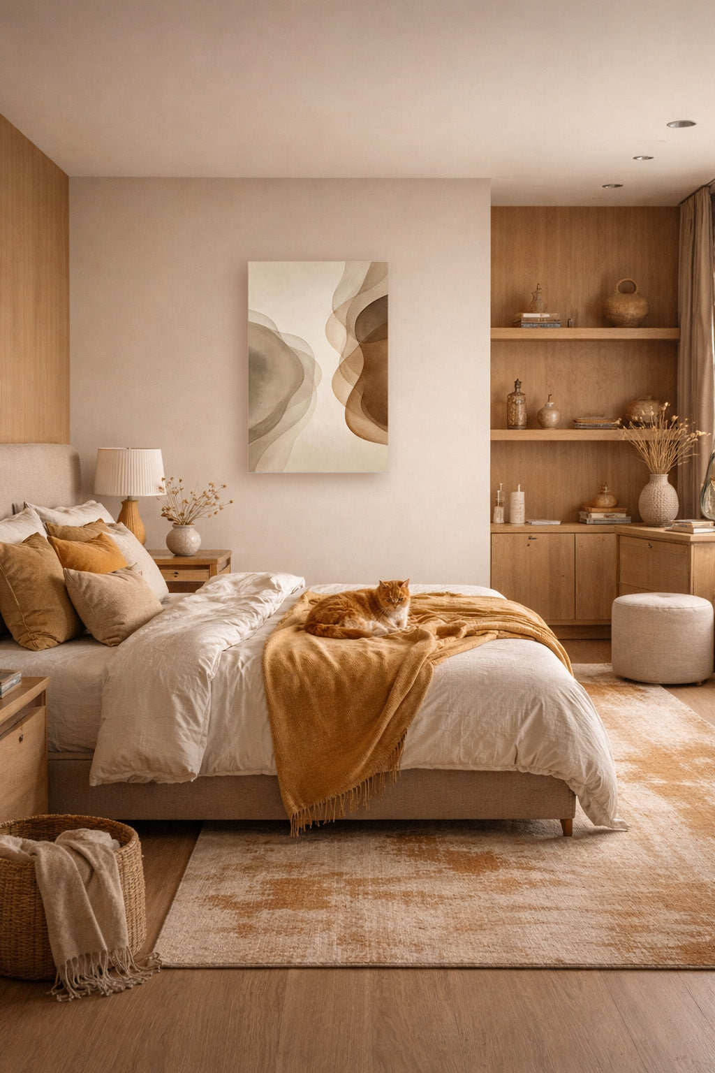 Misty Veil minimalist abstract poster above a warm Scandinavian bedroom