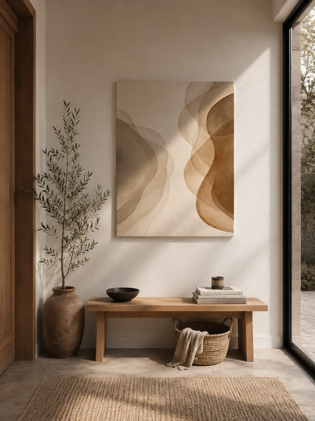Misty Veil abstract canvas print displayed in a minimalist entryway interior