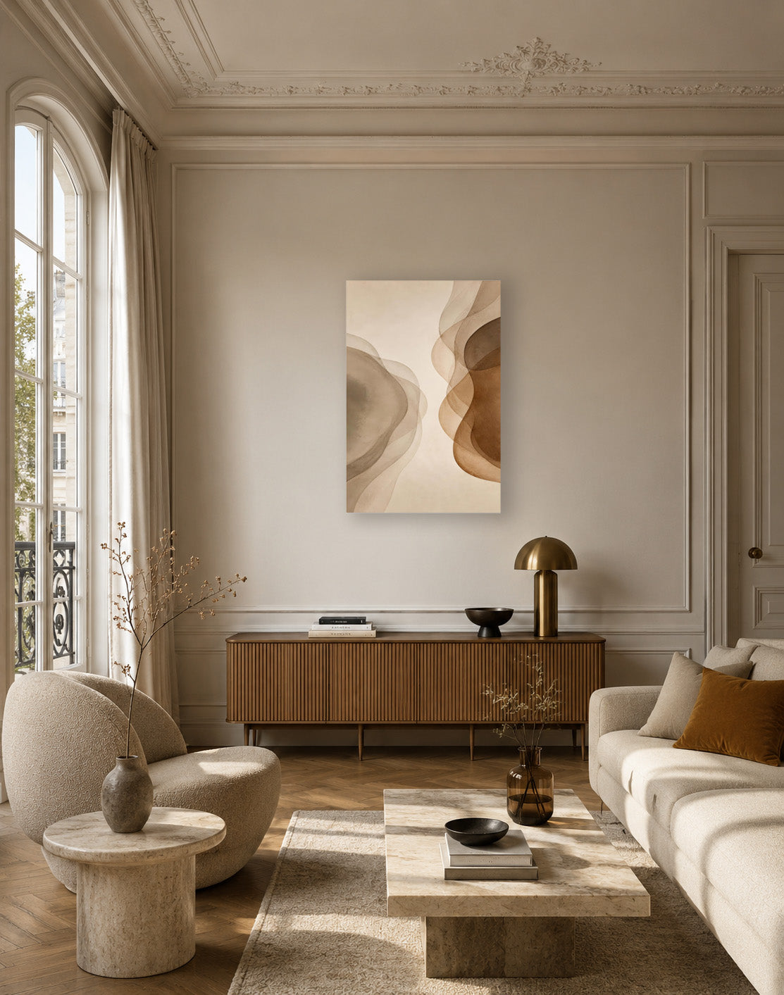 Misty Veil abstract poster displayed in an elegant neutral living room interior