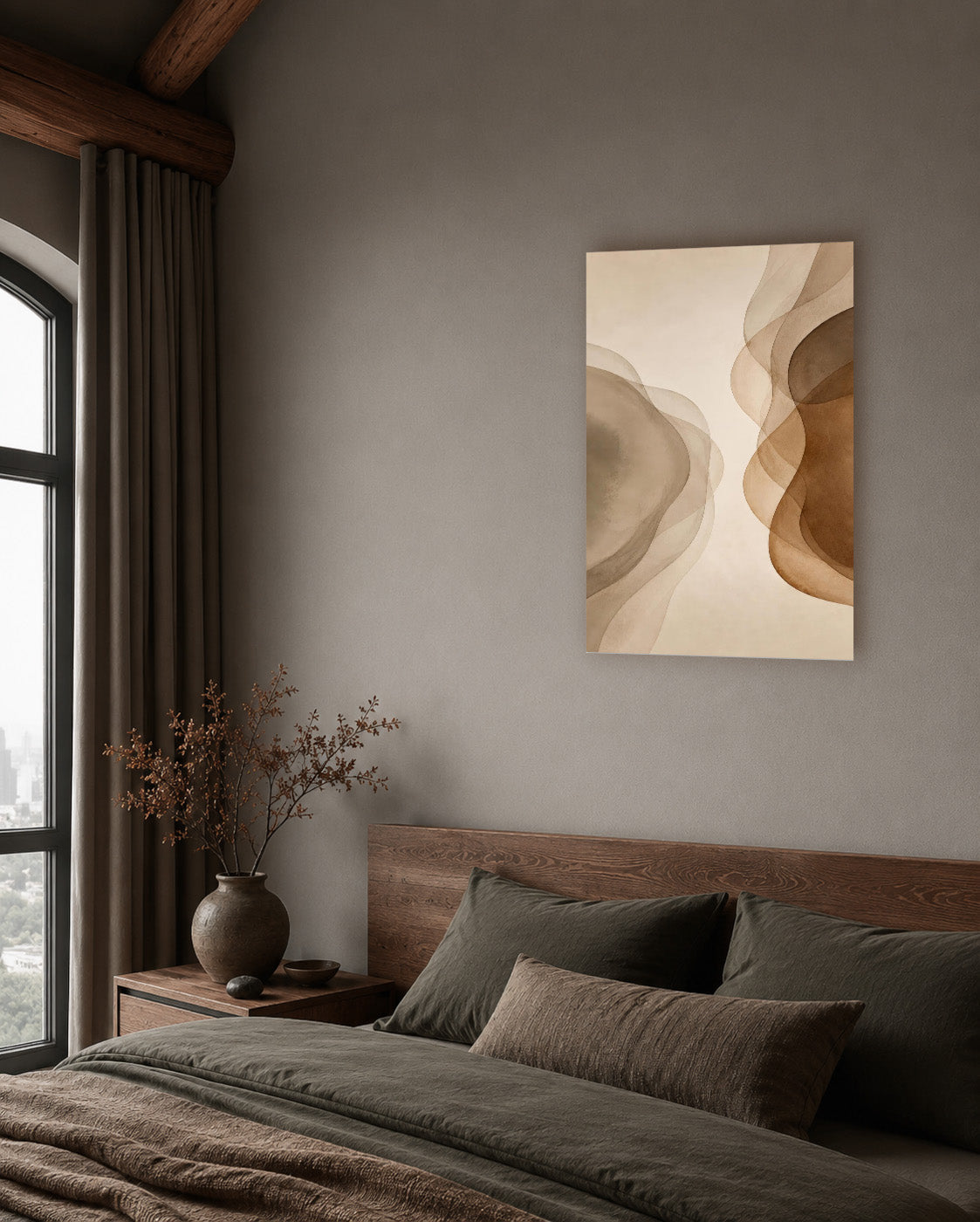 Misty Veil neutral abstract poster displayed in a contemporary bedroom interior
