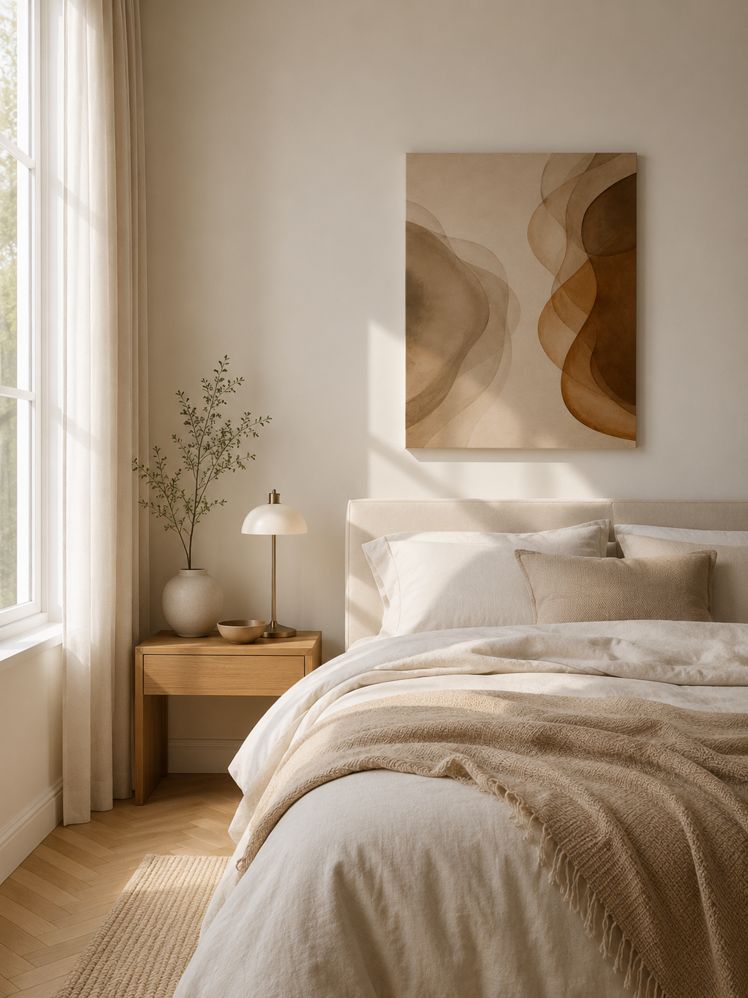 Misty Veil neutral abstract wall art canvas in Scandinavian living room interior
