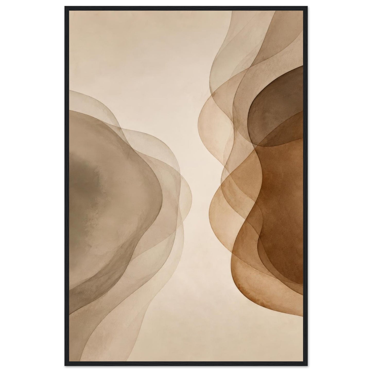 Misty Veil neutral abstract wall art poster displayed in a black frame with soft beige and brown flowing forms.