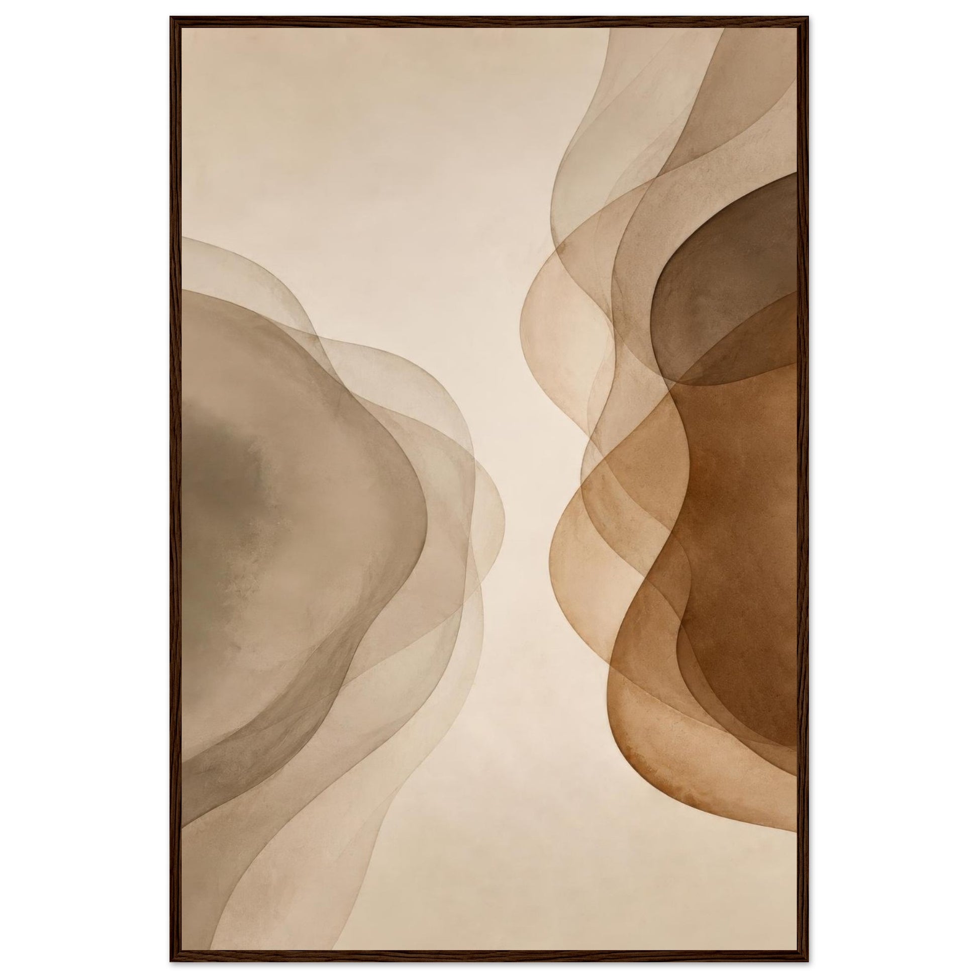 Misty Veil abstract poster in a dark wood frame featuring elegant neutral organic shapes and earthy tones.