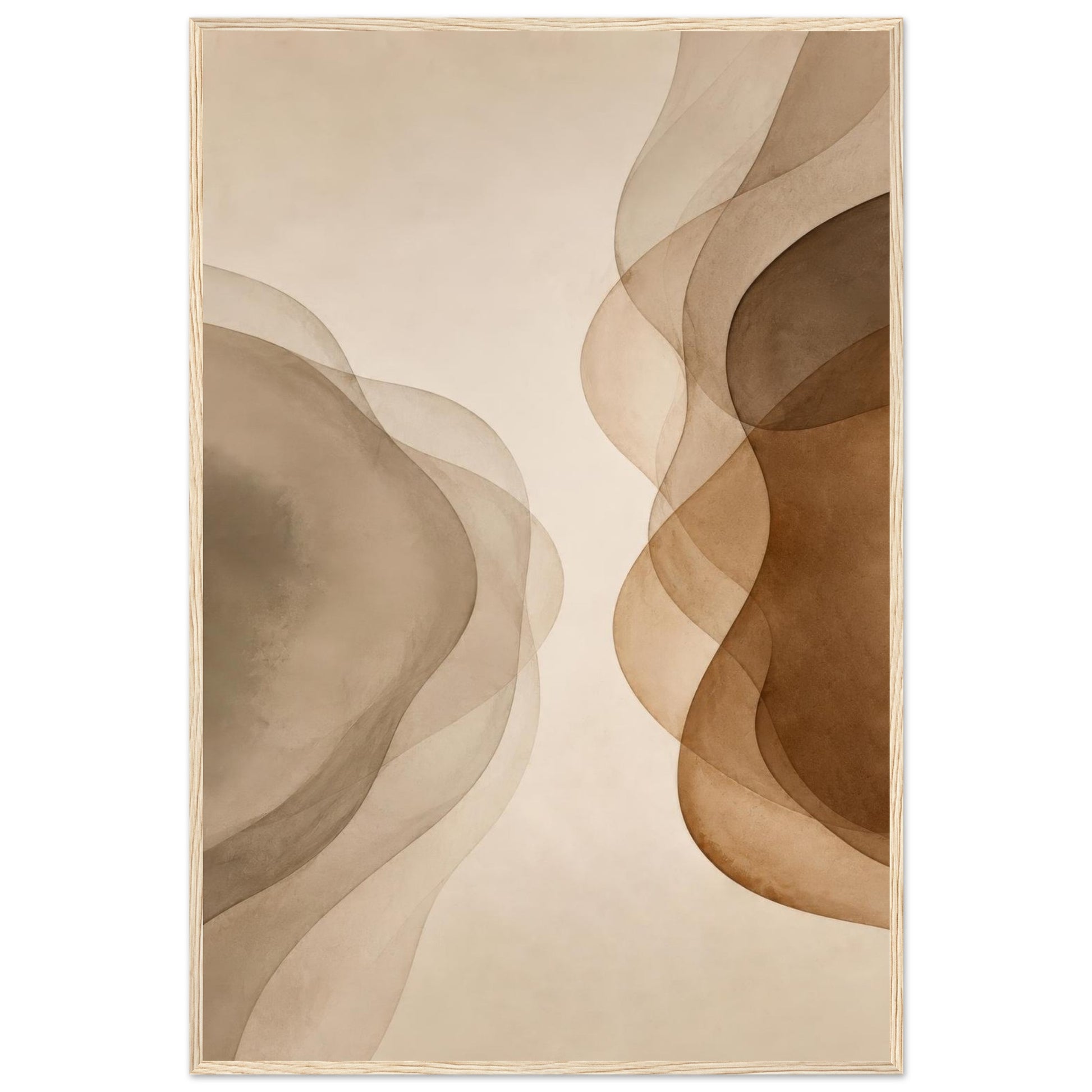 Misty Veil neutral abstract poster featuring flowing translucent beige and brown organic shapes on premium matte paper.