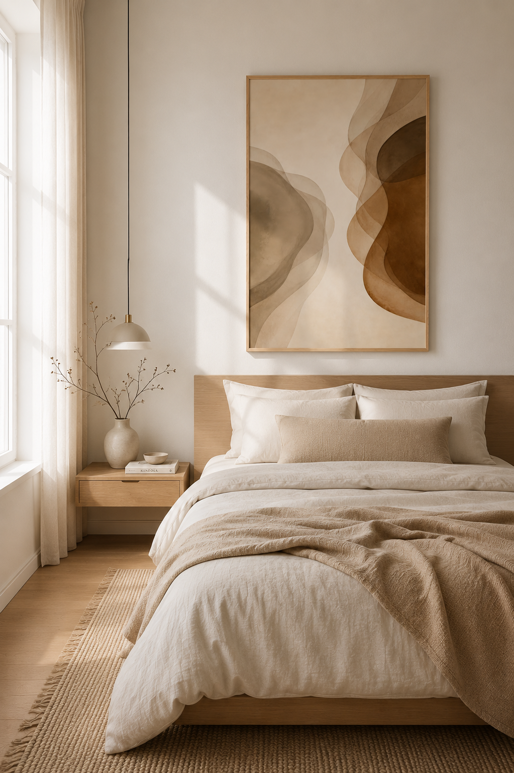Misty Veil abstract poster displayed above a bed in a bright Scandinavian-inspired neutral bedroom.