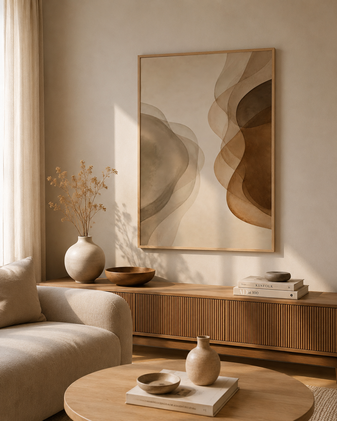 Misty Veil neutral abstract poster styled above a wooden console in a warm minimalist living room.